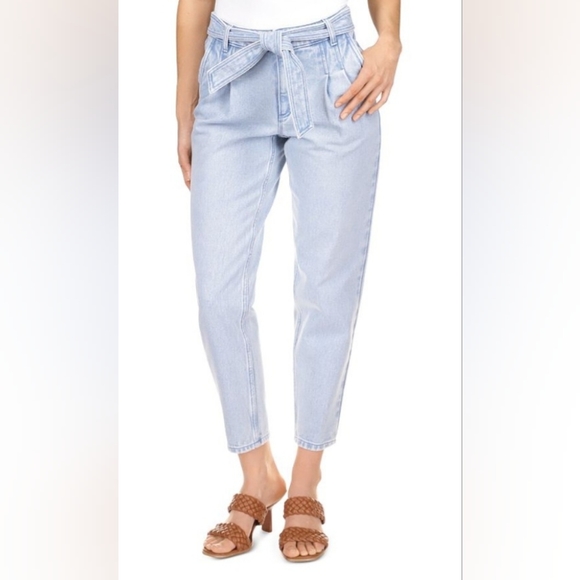 MICHAEL Kors Women's Pleated Belted Paper Bag Jeans Pants Light Blue Wash NWT - Picture 2 of 11